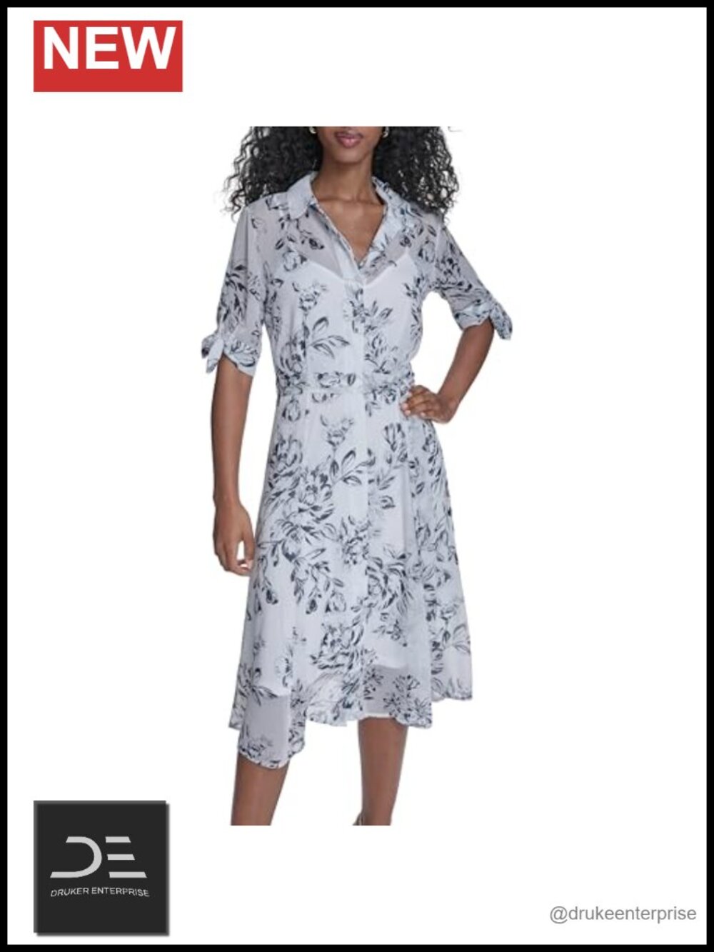Calvin Klein Chiffon Shirt Dress Short Sleeve Floral Midi
